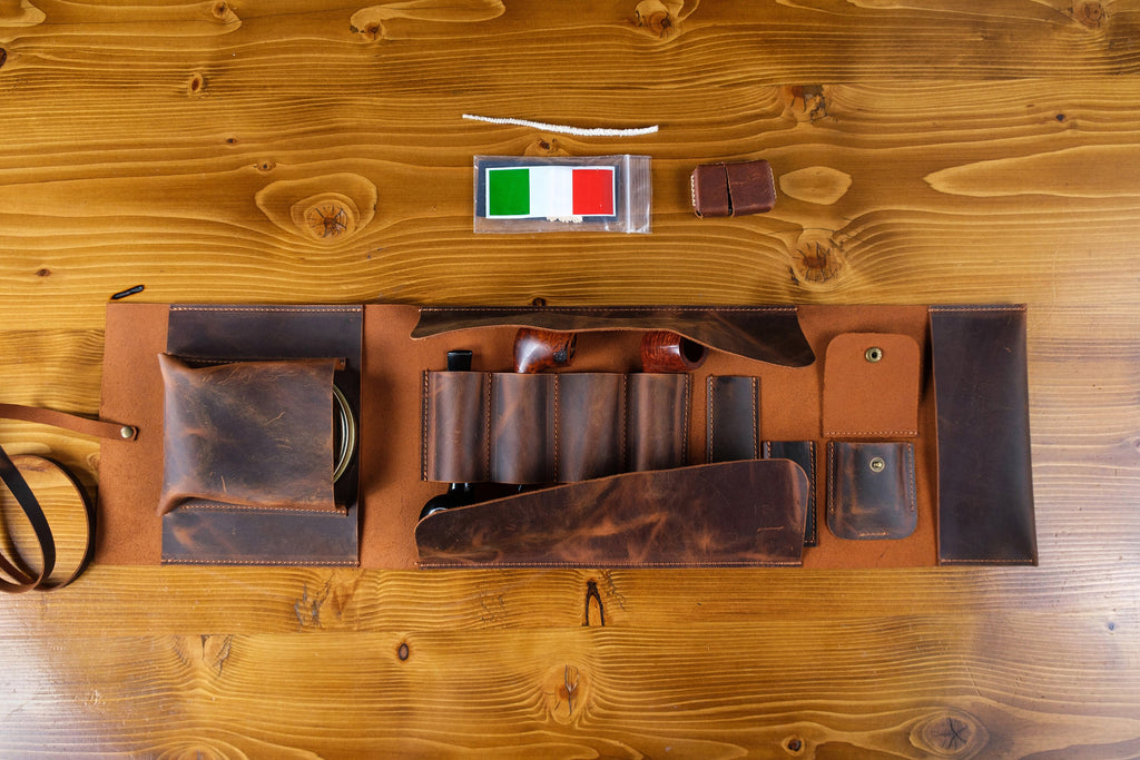 Handmade Leather 4-Pipe Rollup Pouch Set: Tobacco Storage & Stand