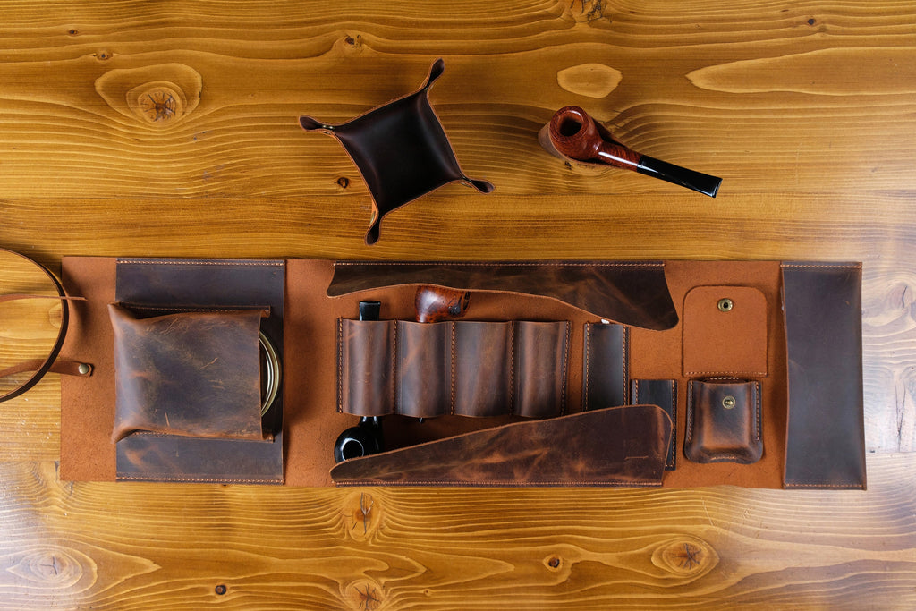 Handmade Leather 4-Pipe Rollup Pouch Set: Tobacco Storage & Stand