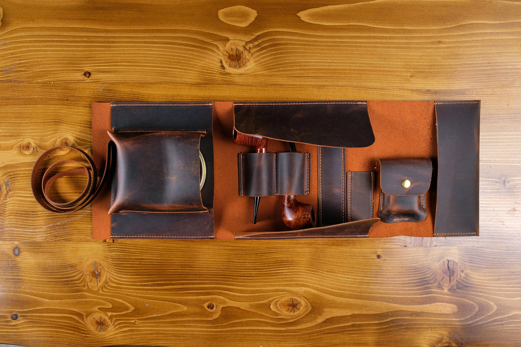 Leather Pipe Pouch Full Set: Handmade 2-Pipe Rollup Bag Complete Set For The Pipe Smoker