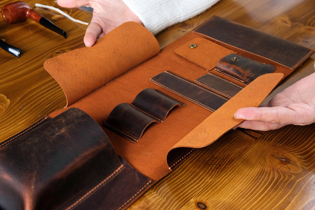 Leather Pipe Pouch Full Set: Handmade 2-Pipe Rollup Bag Complete Set For The Pipe Smoker