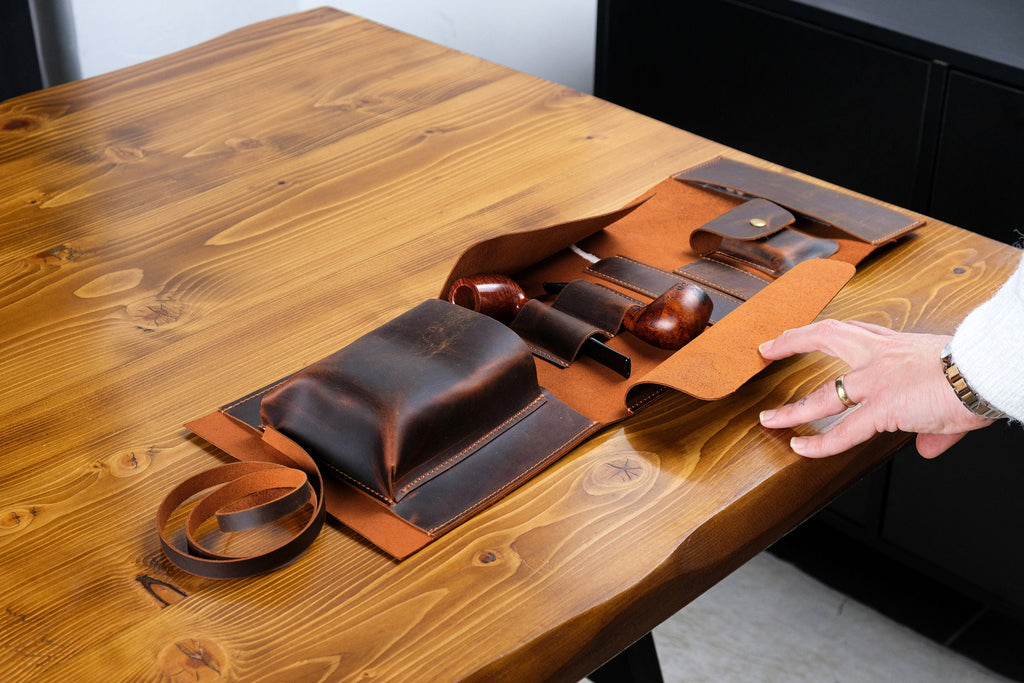 Leather Pipe Pouch Full Set: Handmade 2-Pipe Rollup Bag Complete Set For The Pipe Smoker