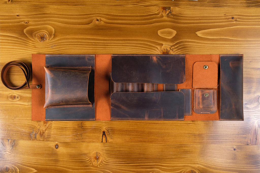 Leather Pipe Pouch Full Set: Handmade 3-Pipe Rollup Bag Complete Set For The Pipe Smoker