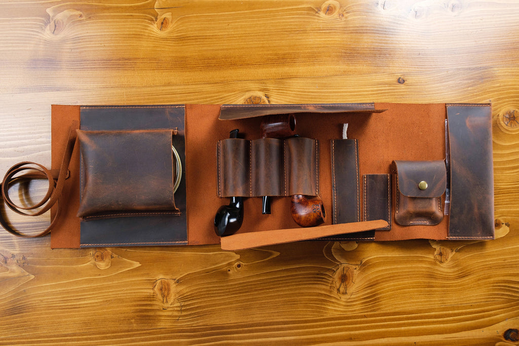 Leather Pipe Pouch Full Set: Handmade 3-Pipe Rollup Bag Complete Set For The Pipe Smoker