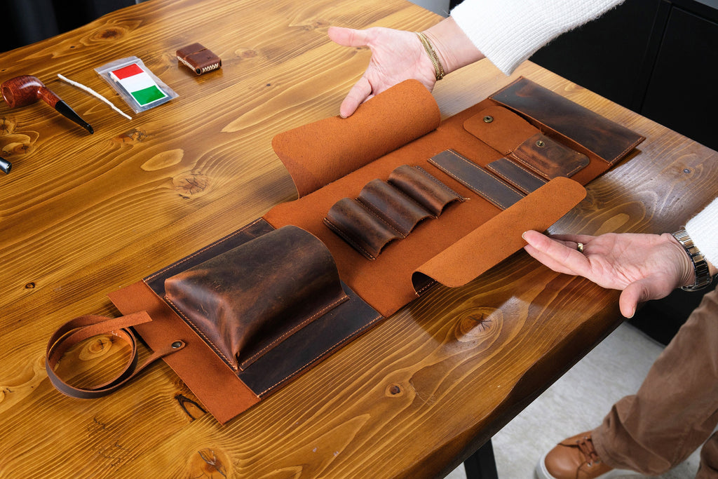 Leather Pipe Pouch Full Set: Handmade 3-Pipe Rollup Bag Complete Set For The Pipe Smoker