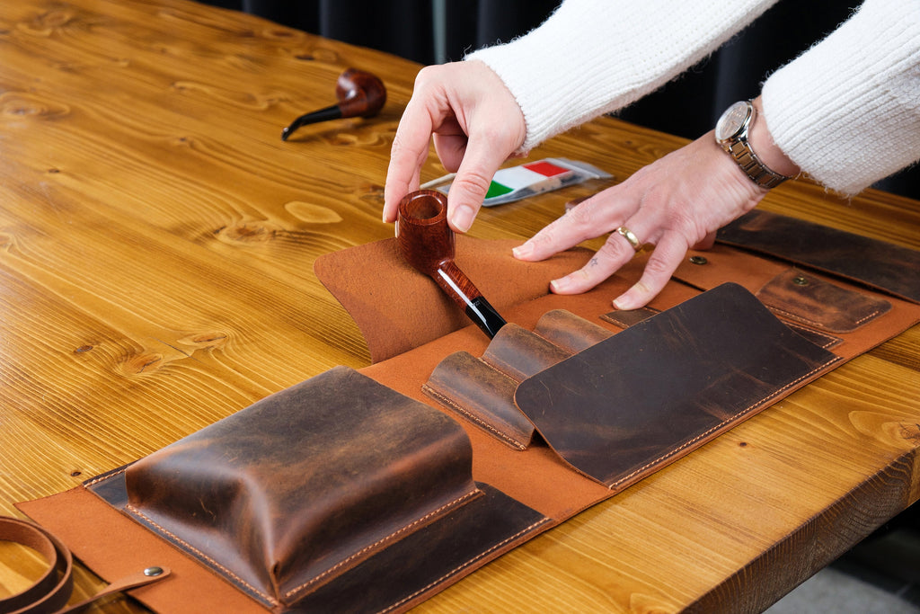 Leather Pipe Pouch Full Set: Handmade 3-Pipe Rollup Bag Complete Set For The Pipe Smoker