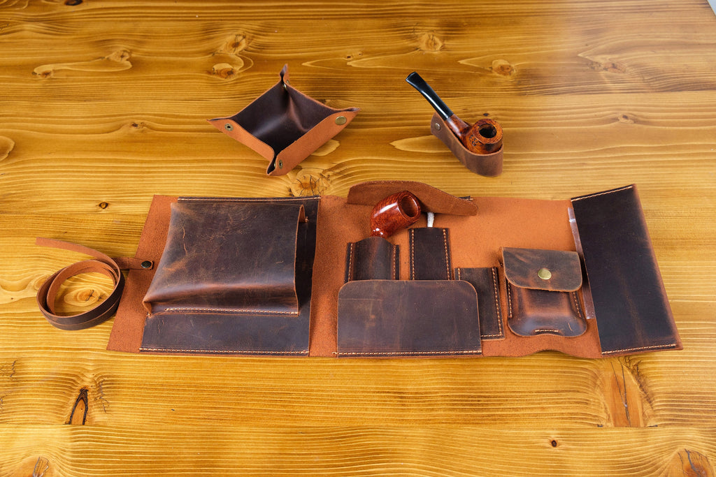 Leather Pipe Pouch Full Set: Handmade 1-Pipe Rollup Bag Complete Set For The Pipe Smoker