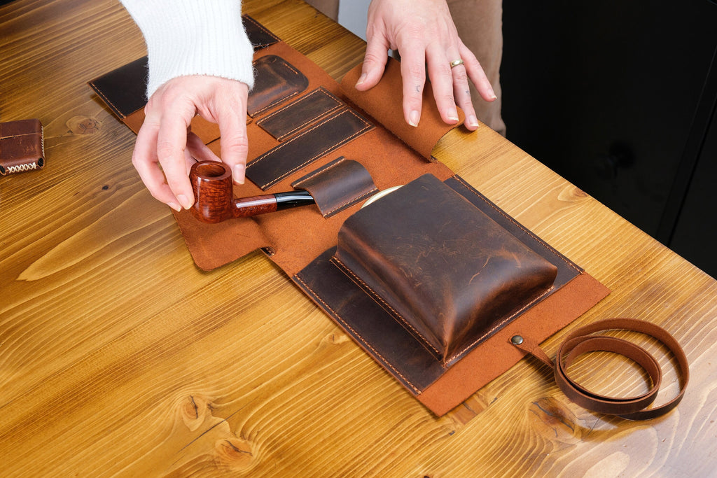 Leather Pipe Pouch Full Set: Handmade 1-Pipe Rollup Bag Complete Set For The Pipe Smoker