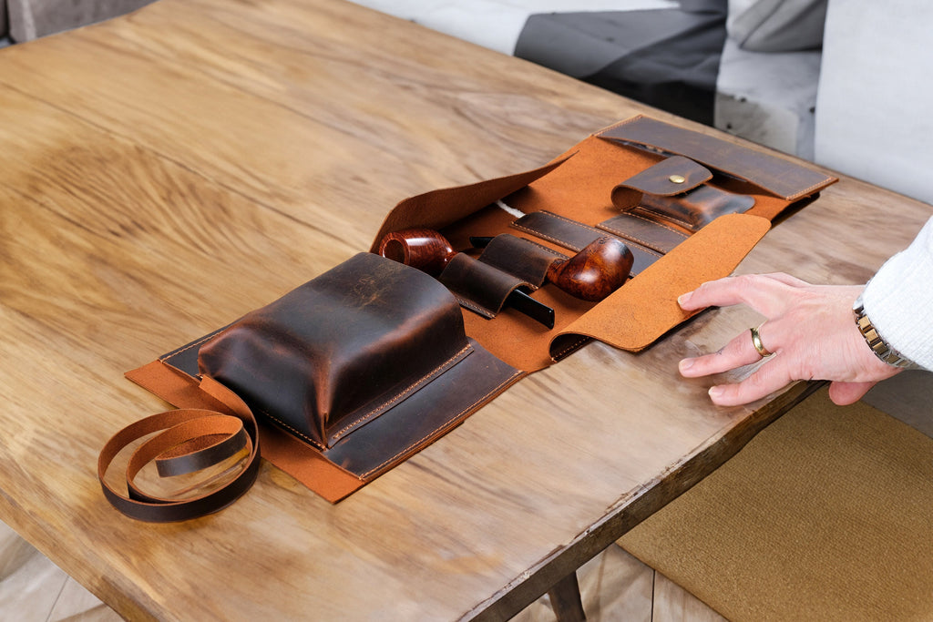 Leather Pipe Rollup Pouch Set, Handmade Pipe Rollup Bag Set for 2-Pipes, Pipe Stand, Valet Tray, The Pipe Smokers Full Set, Daily use