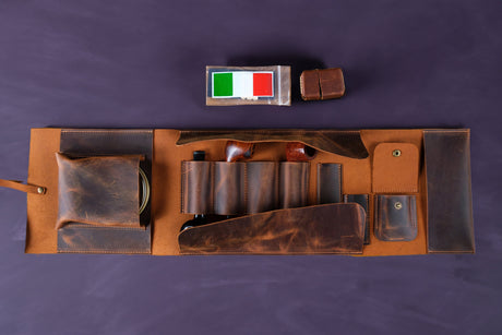 Handmade Leather 4-Pipe Rollup Pouch Set: Tobacco Storage & Stand