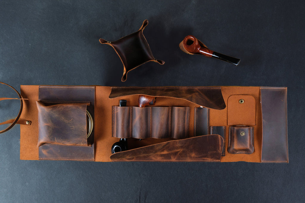 Handmade Leather 4-Pipe Rollup Pouch Set: Tobacco Storage & Stand