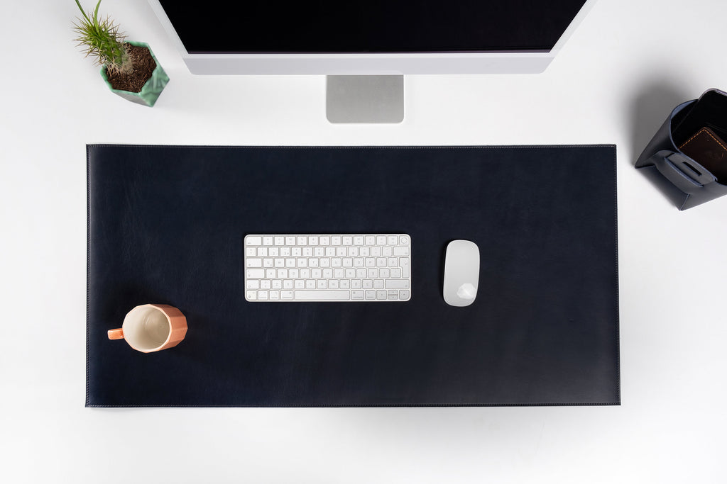 Premium Leather Navy Blue Desk Mat: Handmade Luxury 2.4mm Vegetable Tanned Desk Blotter
