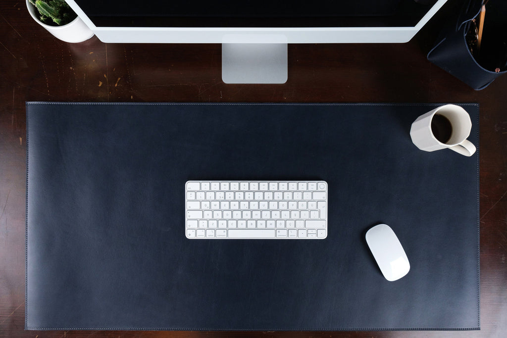Premium Leather Navy Blue Desk Mat: Handmade Luxury 2.4mm Vegetable Tanned Desk Blotter