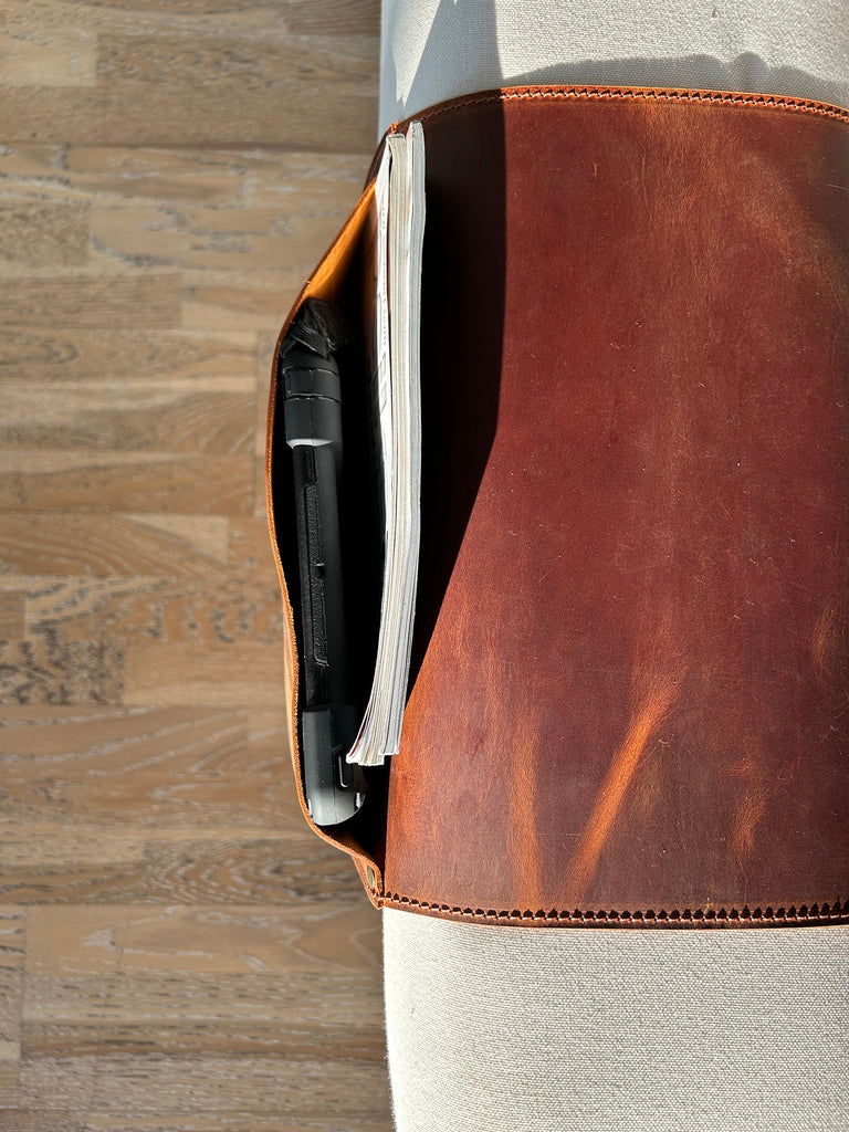 Leather Sofa Armrest Organizer: Handmade Couch Caddy for Laptop, Magazines, Tablets, Remote Controls