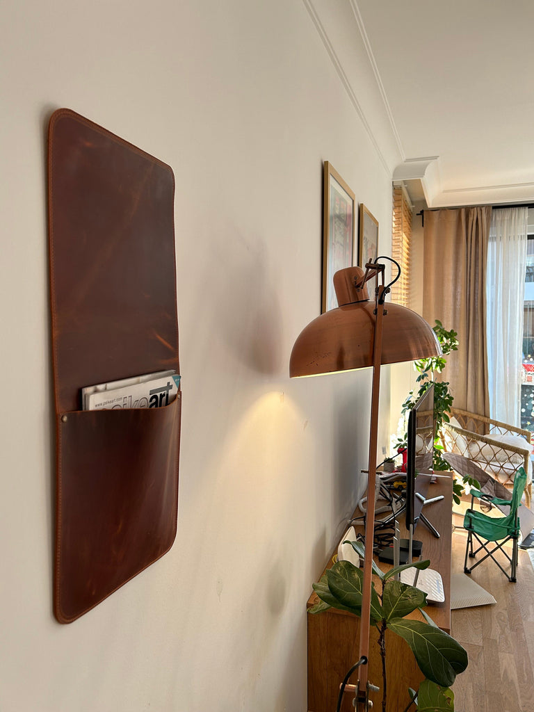 Leather Wall Organizer For Magazines, Laptops, Tablets: Hanging Storage for Home Decor