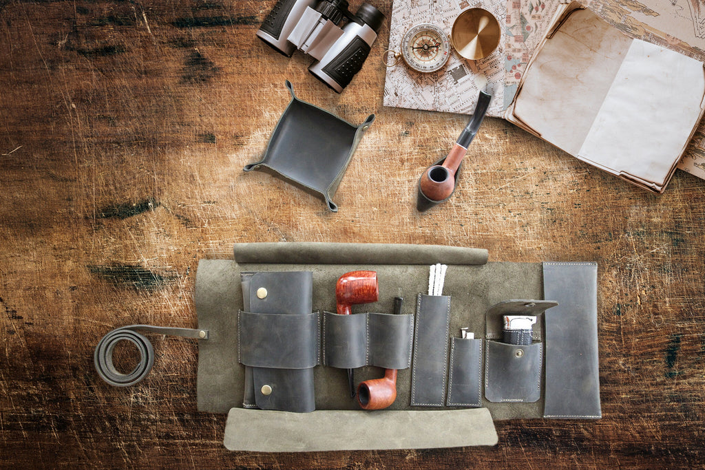 Olive Leather Pipe Pouch: Handmade Pipe Bag for 2-Pipes