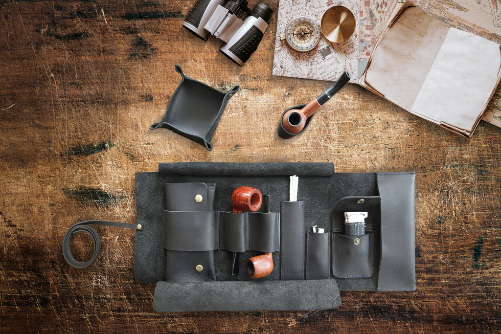Black Leather Pipe Pouch: Handmade Pipe Bag for 2-Pipes