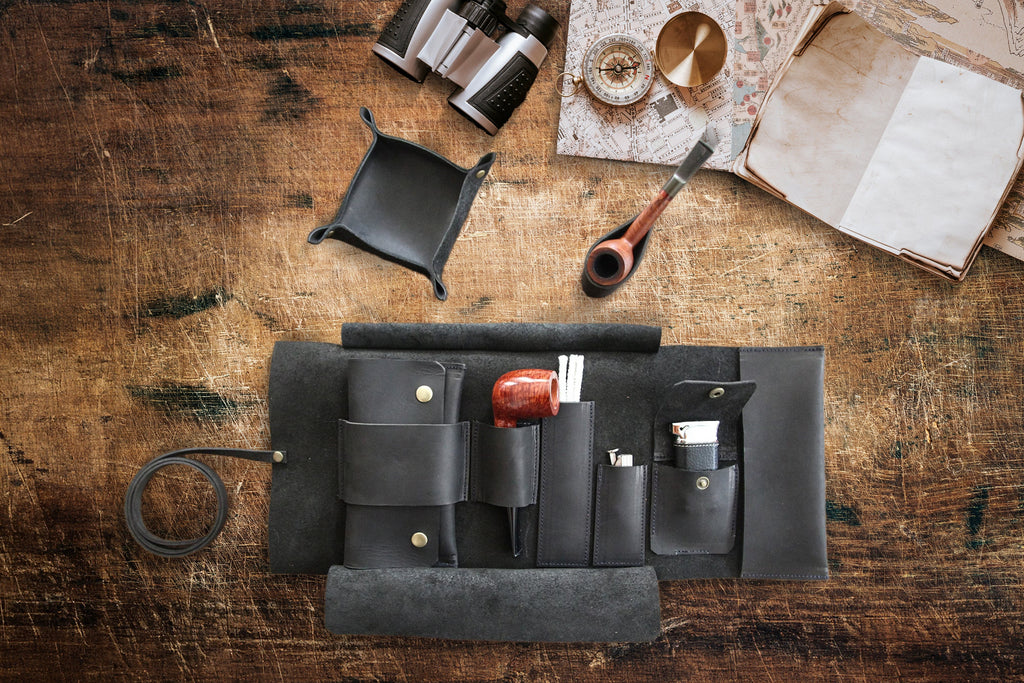 Black Leather Pipe Pouch Full Set: Handmade Pipe Rollup Bag Complete Set For The Pipe Smoker