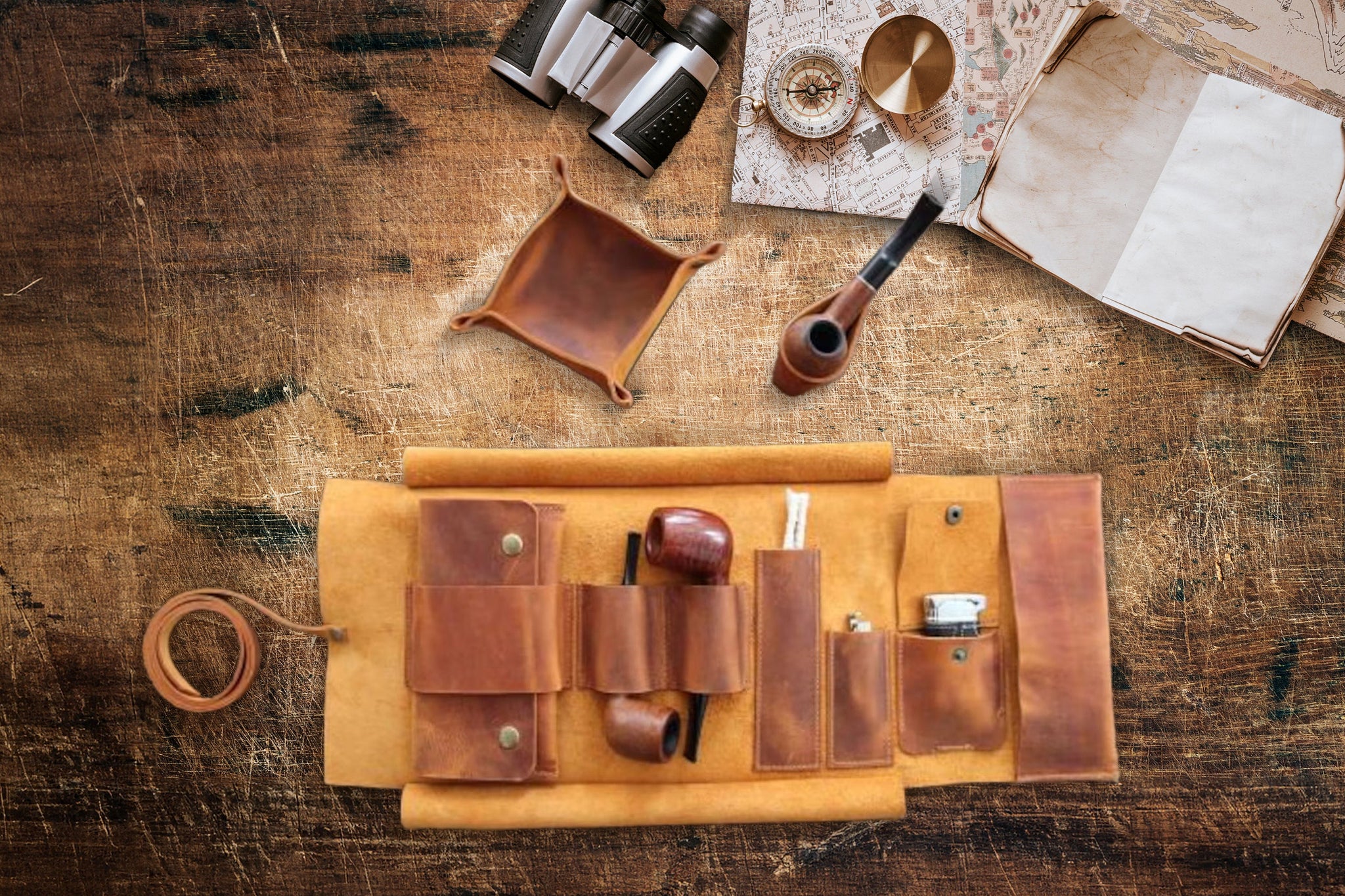 Leather Pipe Rollup Pouch, Handmade Pipe Bag Full Set, Pipe Rollup Bag Complete Set For The Pipe Smoker, Camel Double Strap / 4-Pipe Full Set