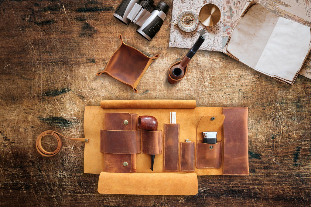 Camel Leather Pipe Pouch Full Set: Handmade Pipe Rollup Bag Complete Set For The Pipe Smoker
