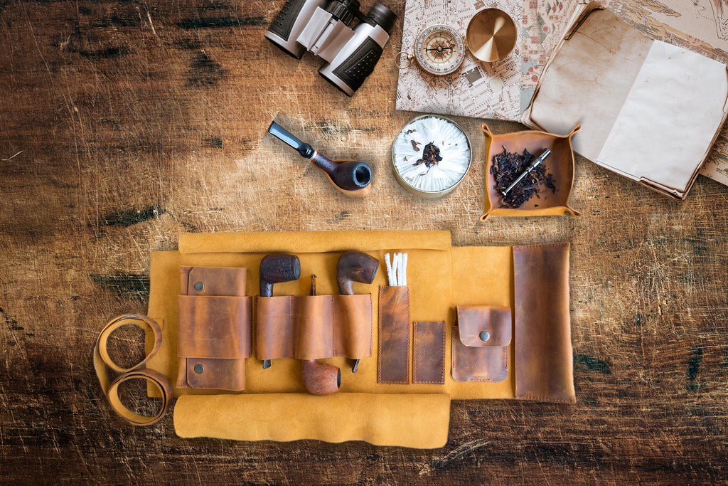 Camel Leather Pipe Pouch Full Set: Handmade Pipe Rollup Bag Complete Set For The Pipe Smoker