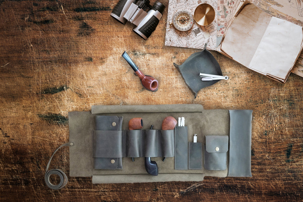 Olive Leather Pipe Pouch Full Set: Handmade Pipe Rollup Bag Complete Set For The Pipe Smoker