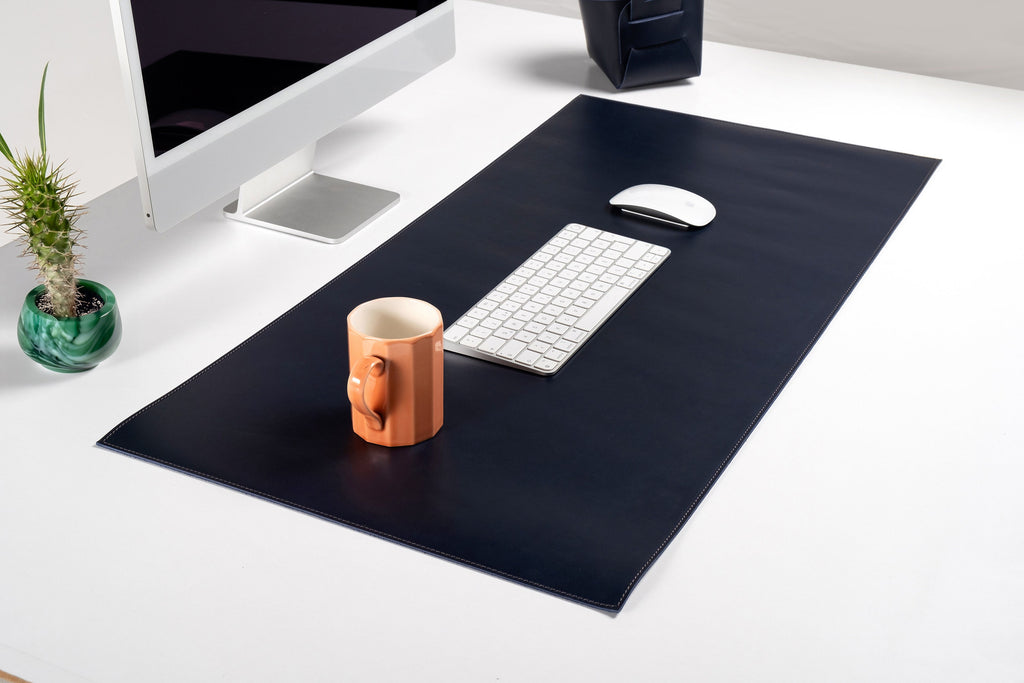 Premium Leather Navy Blue Desk Mat: Handmade Luxury 2.4mm Vegetable Tanned Desk Blotter