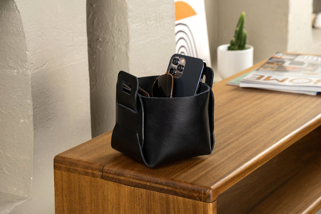 Premium Leather Storage Basket: 2.4 mm Vegetable Tanned Leather Organizer Bin