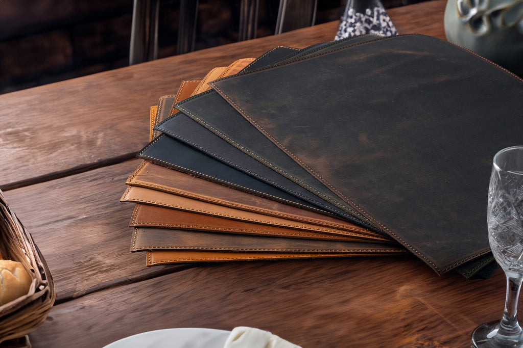 Distressed Leather Double Sided Placemat: Handmade Two Sided Dining Table Mat - 12x16 inch
