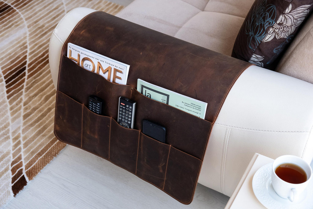 Handmade Leather Sofa Armrest Organizer: Couch Caddy with 7 Pockets for Magazines, Tablets, Remotes
