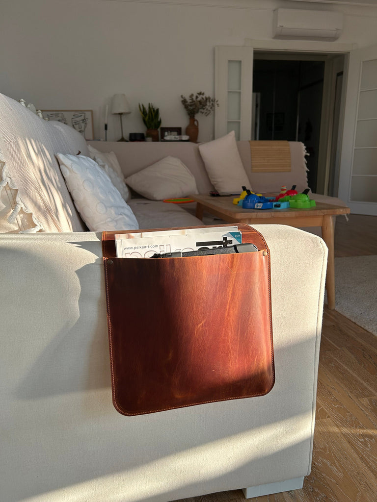 Leather Sofa Armrest Organizer: Handmade Couch Caddy for Laptop, Magazines, Tablets, Remote Controls