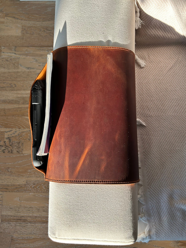 Leather Sofa Armrest Organizer: Handmade Couch Caddy for Laptop, Magazines, Tablets, Remote Controls