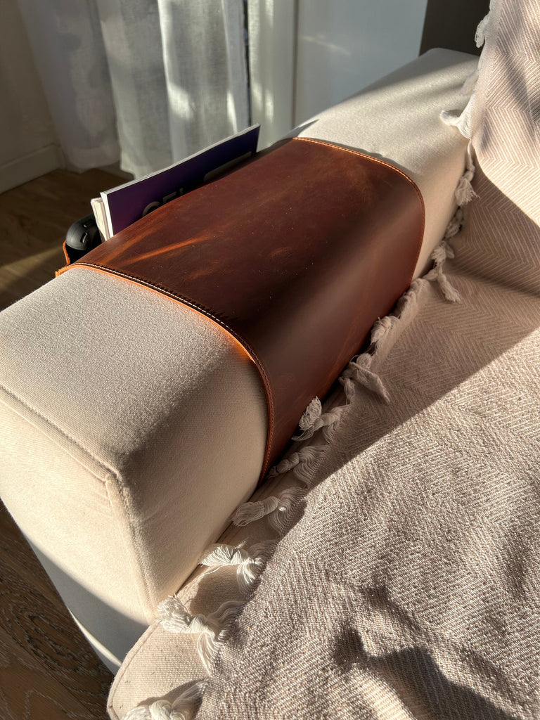 Leather Sofa Armrest Organizer: Handmade Couch Caddy for Laptop, Magazines, Tablets, Remote Controls