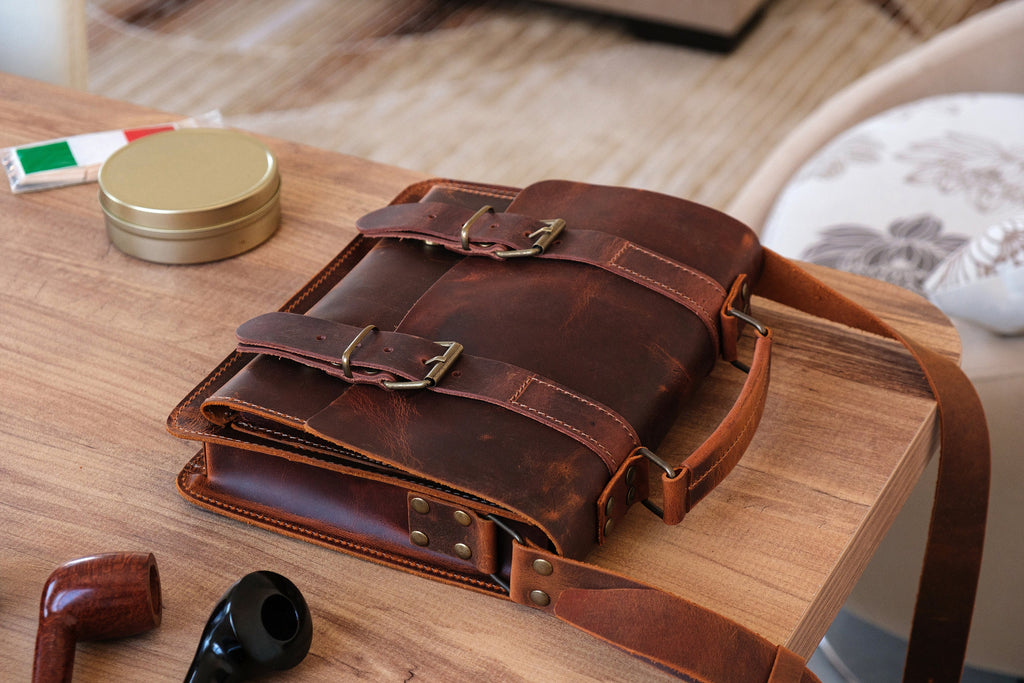 Distressed Leather 6-Pipe Messenger Bag: Handmade Tobacco Shoulder Bag