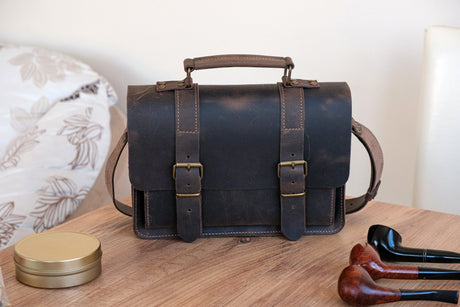 Distressed Leather 6-Pipe Messenger Bag: Handmade Tobacco Shoulder Bag
