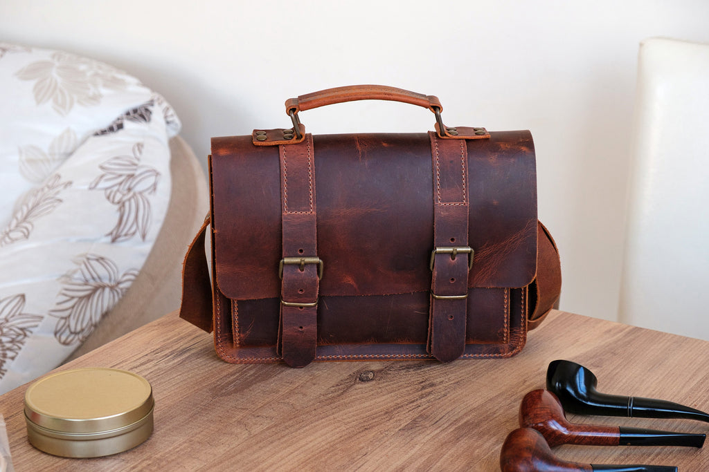 Distressed Leather 6-Pipe Messenger Bag: Handmade Tobacco Shoulder Bag