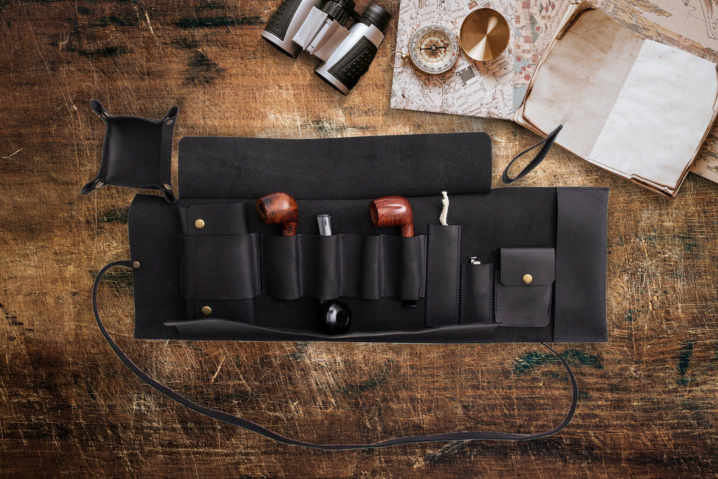 Black Leather Pipe Pouch: Handmade Pipe Bag for 4-Pipes