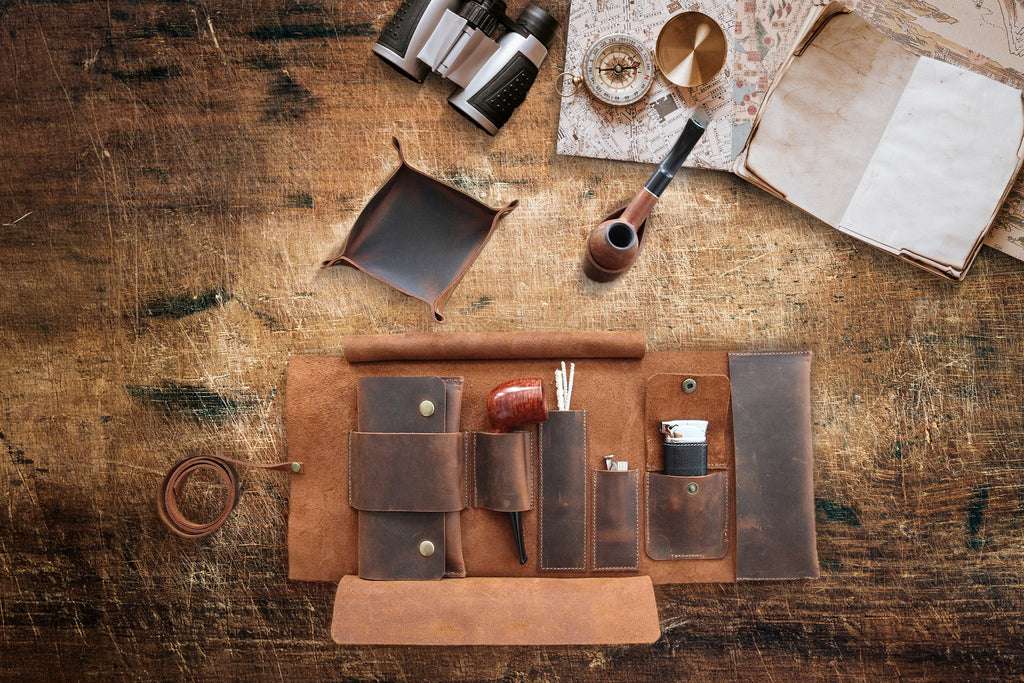 Tobacco Leather Pipe Pouch Full Set: Handmade Pipe Rollup Bag Complete Set For The Pipe Smoker