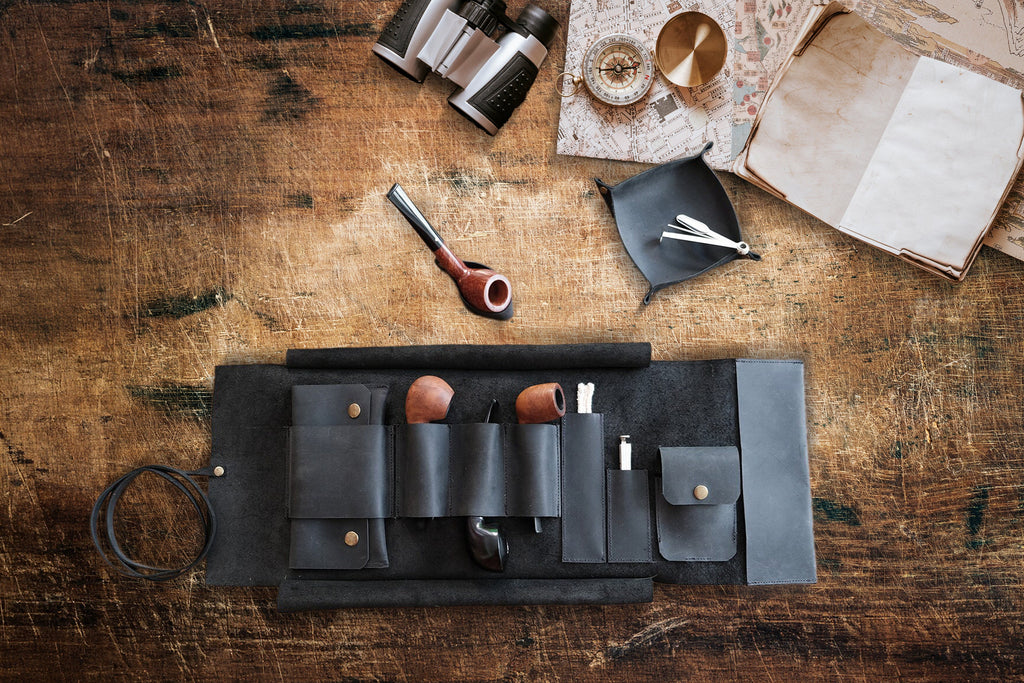 Black Leather Pipe Pouch Full Set: Handmade Pipe Rollup Bag Complete Set For The Pipe Smoker