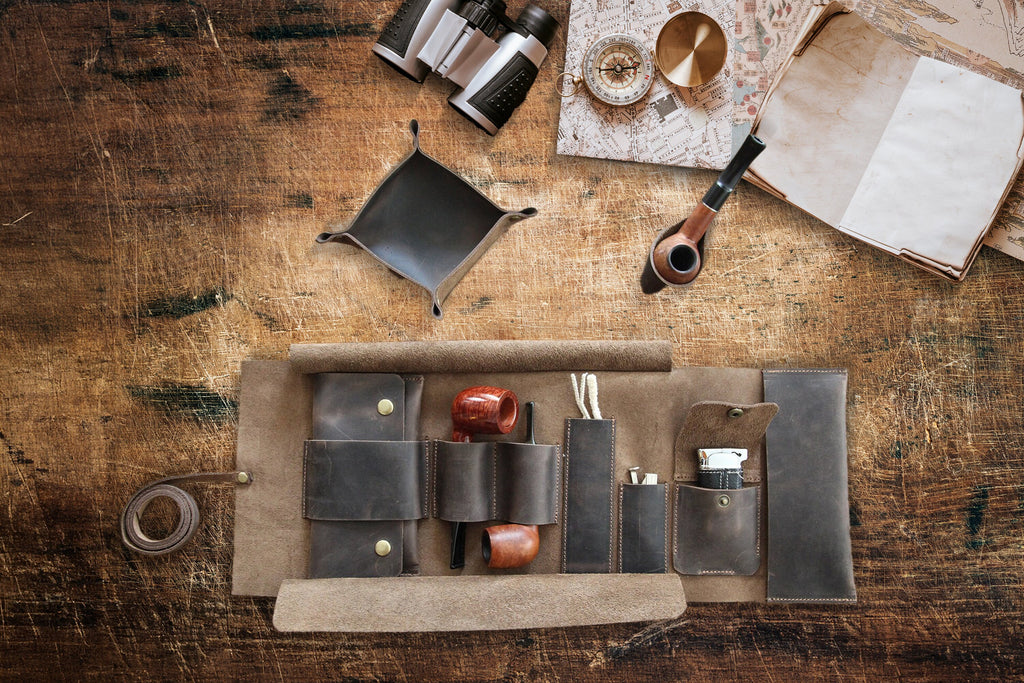 Chestnut Leather Pipe Pouch Full Set: Handmade Pipe Rollup Bag Complete Set For The Pipe Smoker