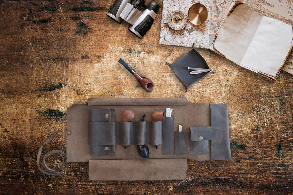 Chestnut Leather Pipe Pouch Full Set: Handmade Pipe Rollup Bag Complete Set For The Pipe Smoker
