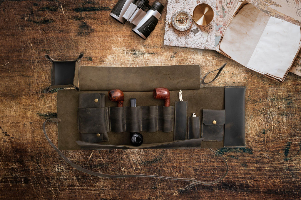 Olive Leather Pipe Pouch Full Set: Handmade Pipe Rollup Bag Complete Set For The Pipe Smoker