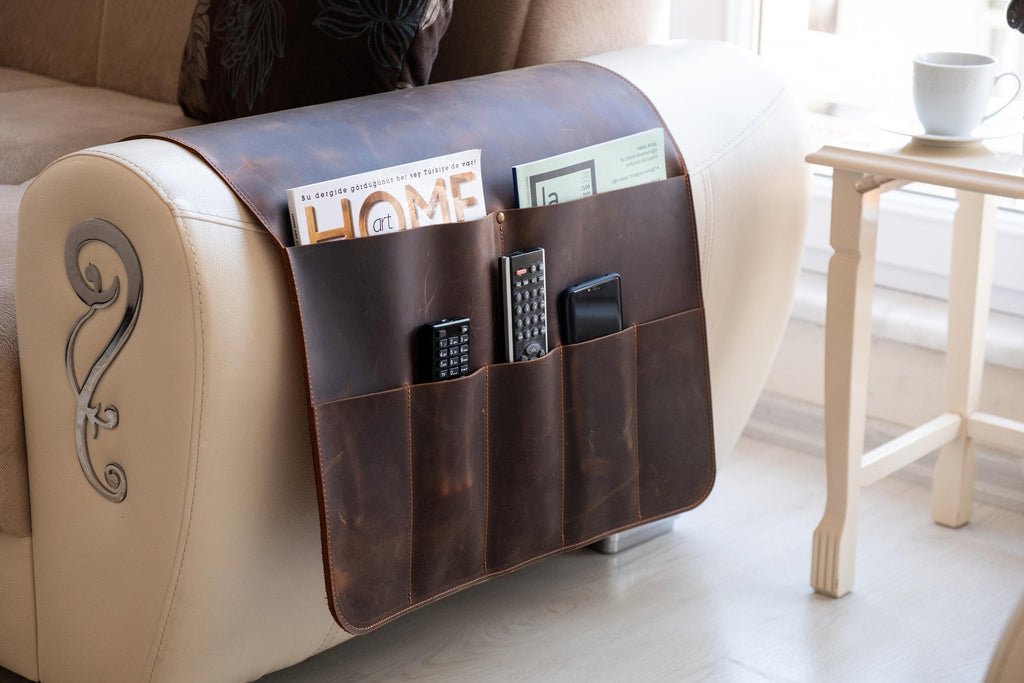 Handmade Leather Sofa Armrest Organizer: Couch Caddy with 7 Pockets for Magazines, Tablets, Remotes