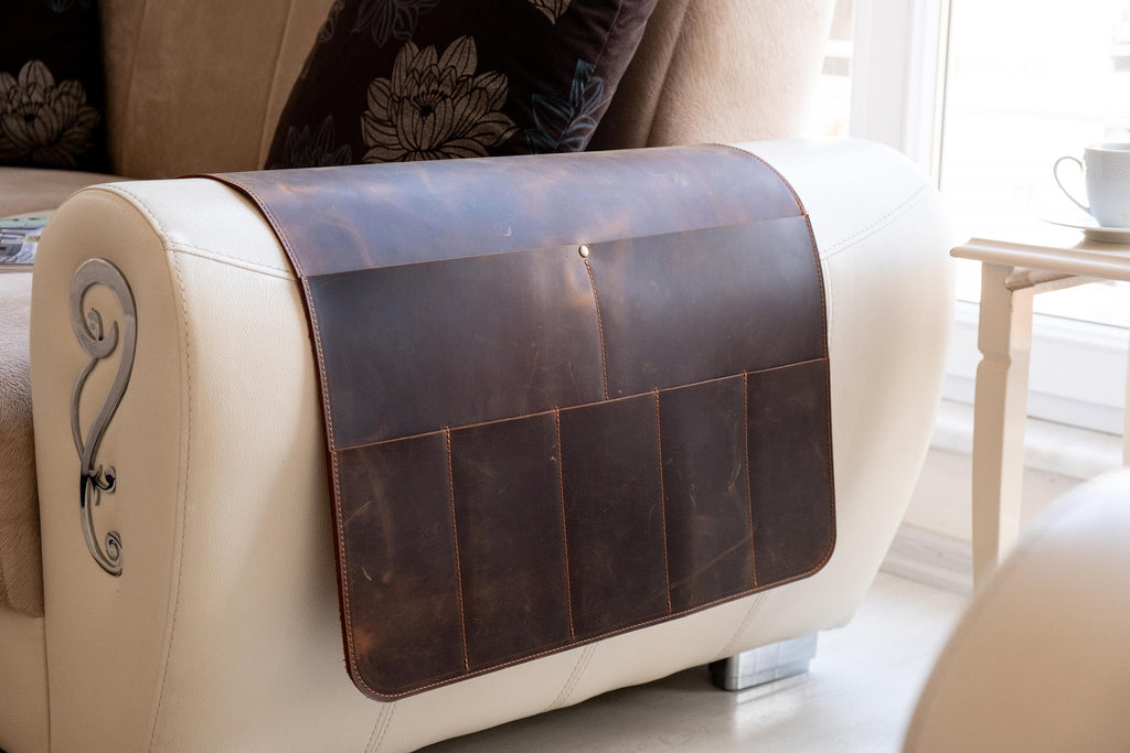 Handmade Leather Sofa Armrest Organizer: Couch Caddy with 7 Pockets for Magazines, Tablets, Remotes