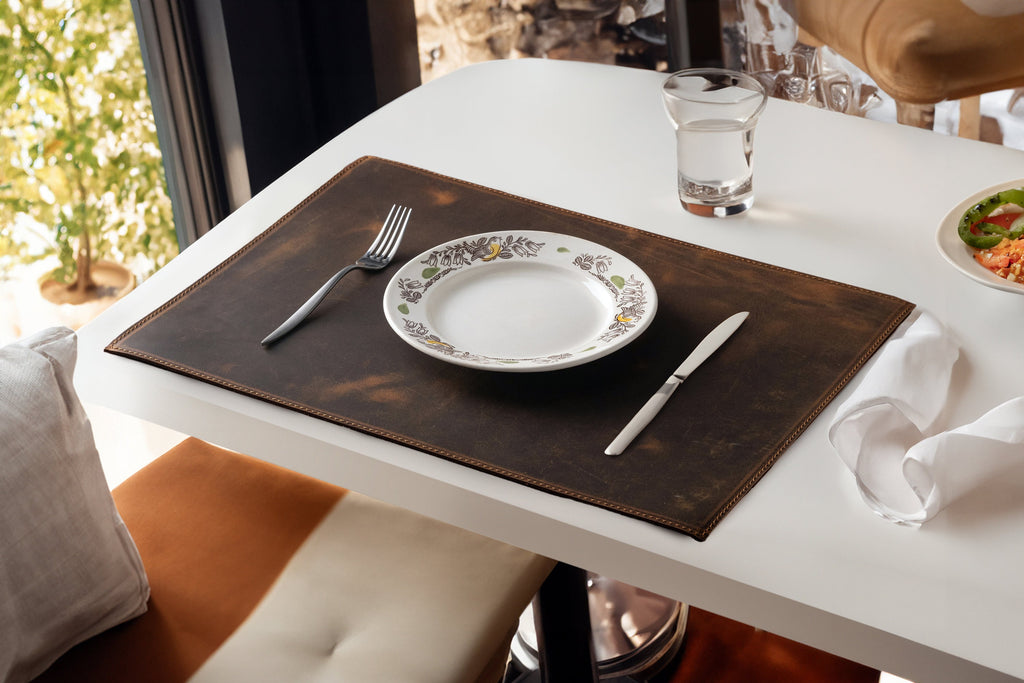 Distressed Leather Placemat Set: Handmade Dining Table Mats, 12x18 inch