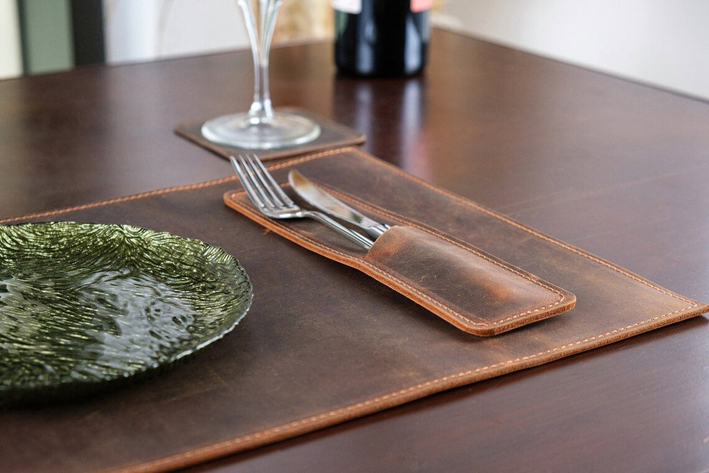 Genuine Distressed Leather Cutlery and Placemat Set, Dining Table Placemats, Personalized Placemat and Cutlery Sets For Cafe & Restaurants
