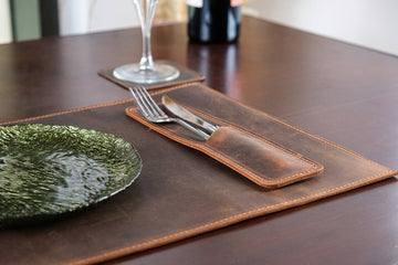 Genuine Distressed Leather Cutlery and Placemat Set, Dining Table Placemats, Personalized Placemat and Cutlery Sets For Cafe & Restaurants