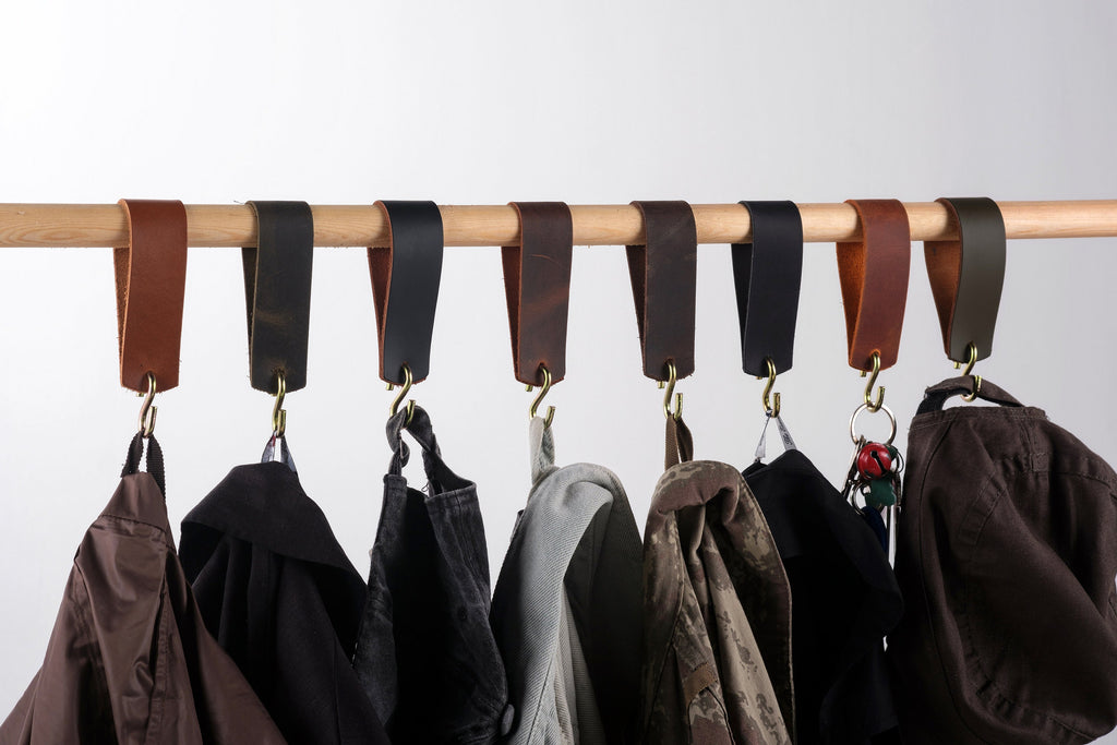 Leather Wardrobe Rail Hook: Handmade Distressed Leather Coat Hangers