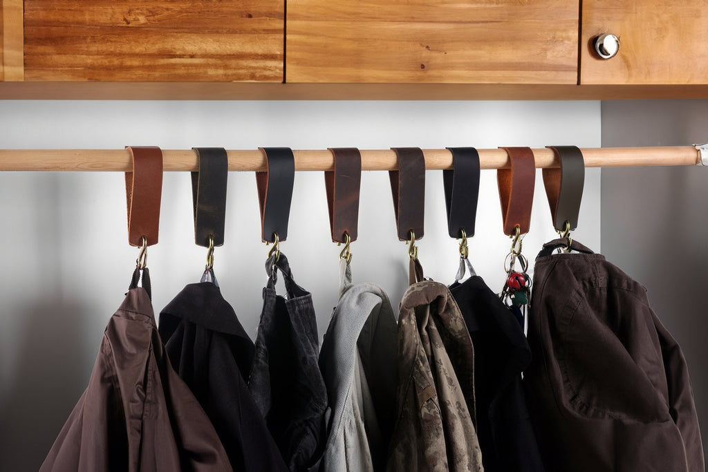 Leather Wardrobe Rail Hook: Handmade Distressed Leather Coat Hangers