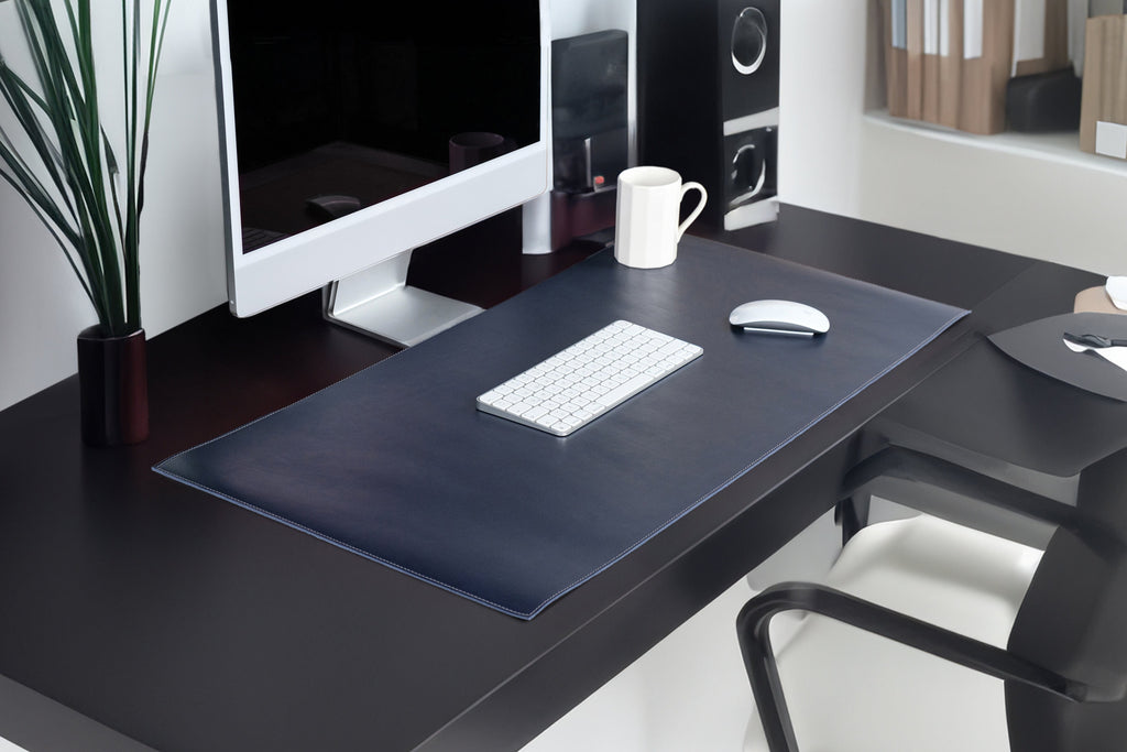 Premium Leather Navy Blue Desk Mat: Handmade Luxury 2.4mm Vegetable Tanned Desk Blotter