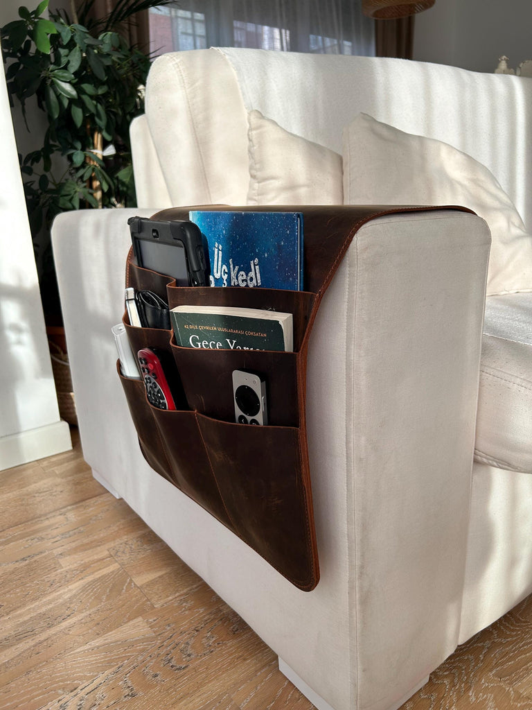 Handmade Leather Sofa Armrest Organizer: Couch Caddy with 6 Pockets for Magazines, Tablets, Remotes